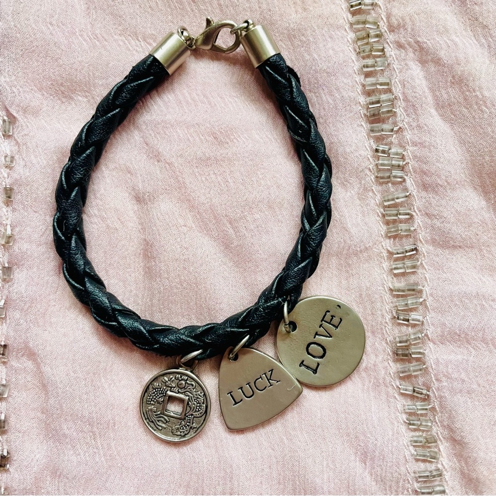 Braided Black Leather Charm Bracelet Luck Love Coin Silver Tone